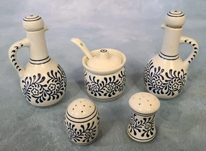 Antique Ceramarte Stoneware Blue Vinegar Oil Cruets Salt Pepper 5 PC Brazil - Picture 1 of 12