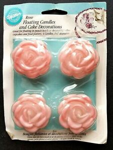 Vintage Wilton Rose Floating Candles and Cake Decorations 4 Candles 1.5" D 1997