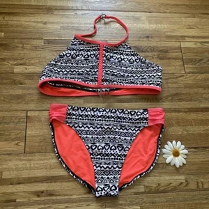 Wonder Nation Girls' Halter Top Swimsuit Set Aztec Print Coral Trim XL - Picture 1 of 8