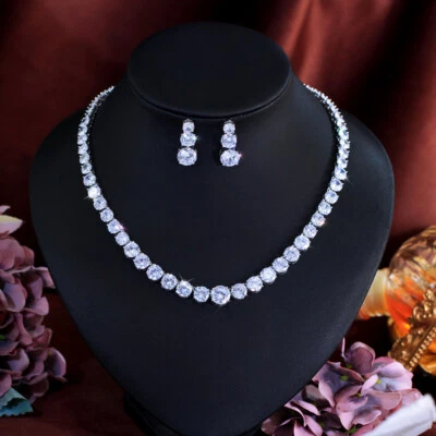 Brilliant Silver Plated CZ White Round Stone Necklace Earring Bridal Jewelry Set - Image 1 of 4