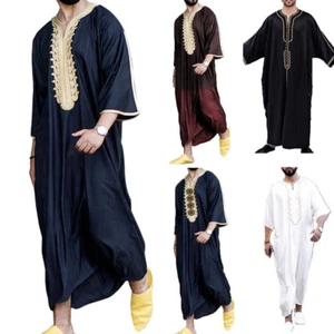 Men's Muslim Clothing Half Sleeve Islamic Saudi Arab Kaftan Robe Long Summer 4XL - Picture 1 of 30