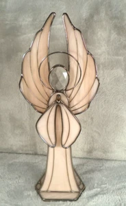 Stained Glass Standing Angel Figure Iridescent Glass Clear Crystal Beige Silver - Picture 1 of 12