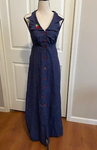Nancy B VINTAGE Dress Sz 7 Denim Sleeveless Long Button Dark Blue w/ Cherry - Picture 1 of 5