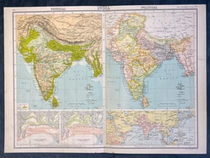 1890 John Bartholomew Large Antique 2 Physical & Political Maps of India - Picture 1 of 2