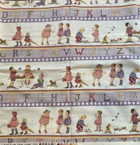 Vintage Alphabet Stripe Michael Miller Cotton Fabric Purple BTY 43” W - Picture 1 of 4