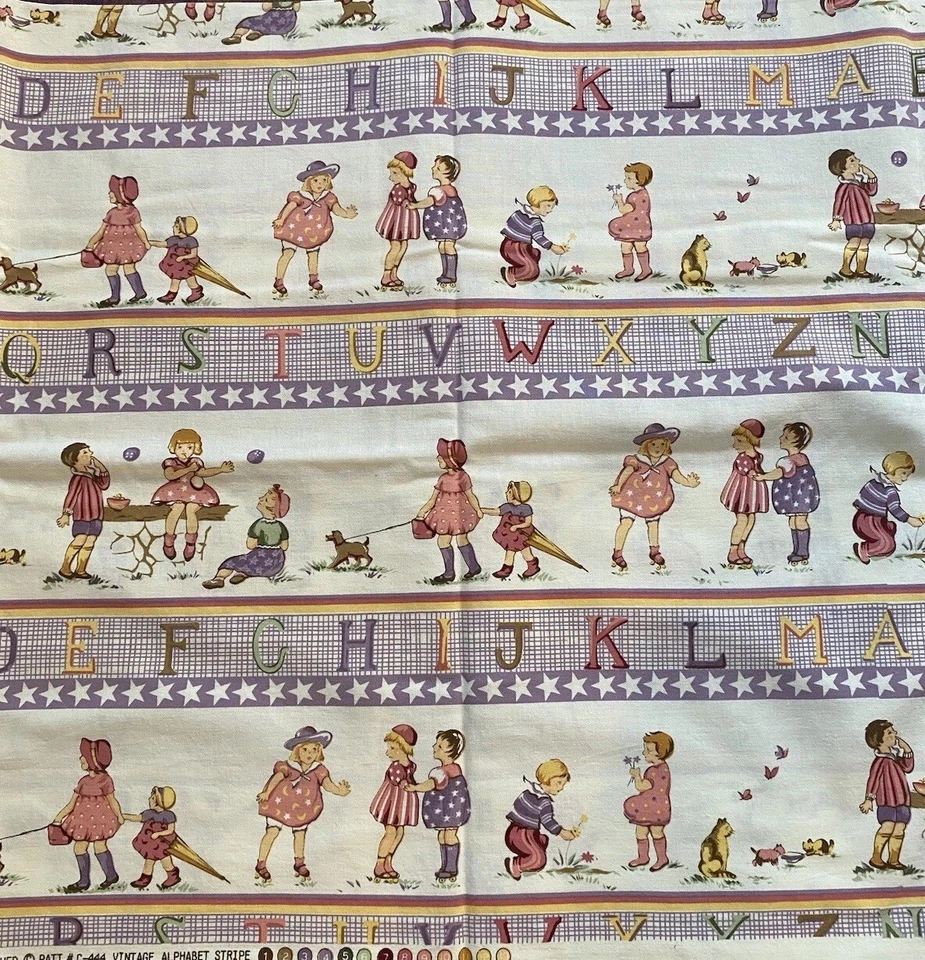 Vintage Alphabet Stripe Michael Miller Cotton Fabric Purple  BTY 43” W - Image 1 of 4