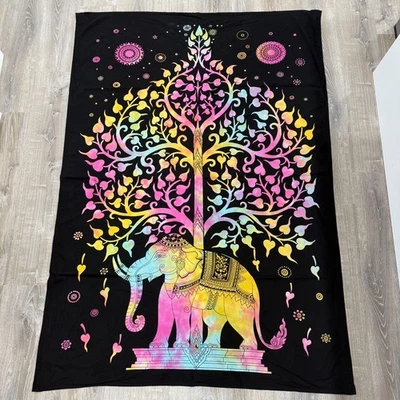 Cynthia Rowley Tapestry 58" x 82" Full Black Indian Elephant Tree Wall Blanket - Image 1 of 4