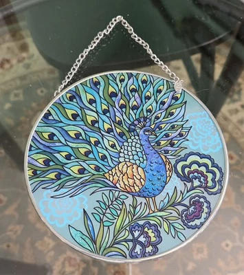 Amia Stained Glass Peacock Suncatcher with Chain 6.5" Round - Image 1 of 3