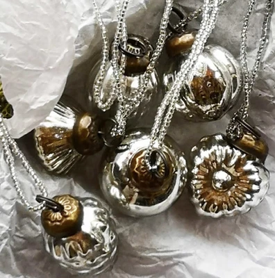 Vintage Antique Glass Silver Beaded Mini Bauble Hanging Decorations x 6 - Image 1 of 3