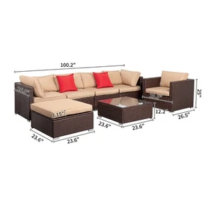 Patio Furniture Sets 7-Pieces Outdoor Sectional Sofa Rattan Wicker Sofa W/ Table - Picture 1 of 8