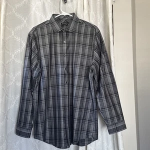 Camisa de vestir negra a cuadros Kenneth Cole para hombre sin planchar calce ajustado talla 17 34/35 botones - Imagen 1 de 8