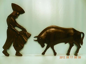 Holz handgeschnitzt Originale, 2 Stück, Wandbild, Skulptur, Matador & Stier ** SCHÖN!** - Bild 1 von 12
