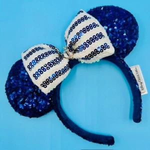 Disney Cruise Line DCL Minnie Mouse Blue Stripe Sequin Bow Ears Headband - Picture 1 of 3