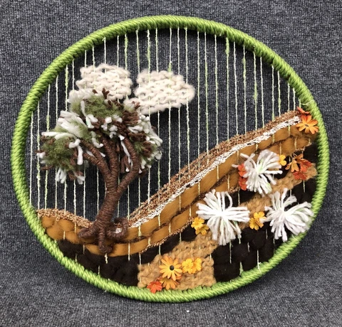 19” Oval Vintage Fiber Textile Art Mid Century Wall Hanging Yarn Wool Tree Mod Cover