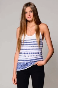 Sam Edelman Womens White Blue Geometric Embroidered Sleeveless Racer Tank Top - Picture 1 of 2