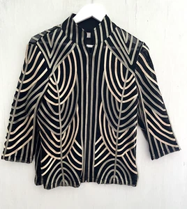 CHICOS Travelers Black Mesh & Ribbon Strip Zip up Jacket Arty Size 0 XS - Picture 1 of 6
