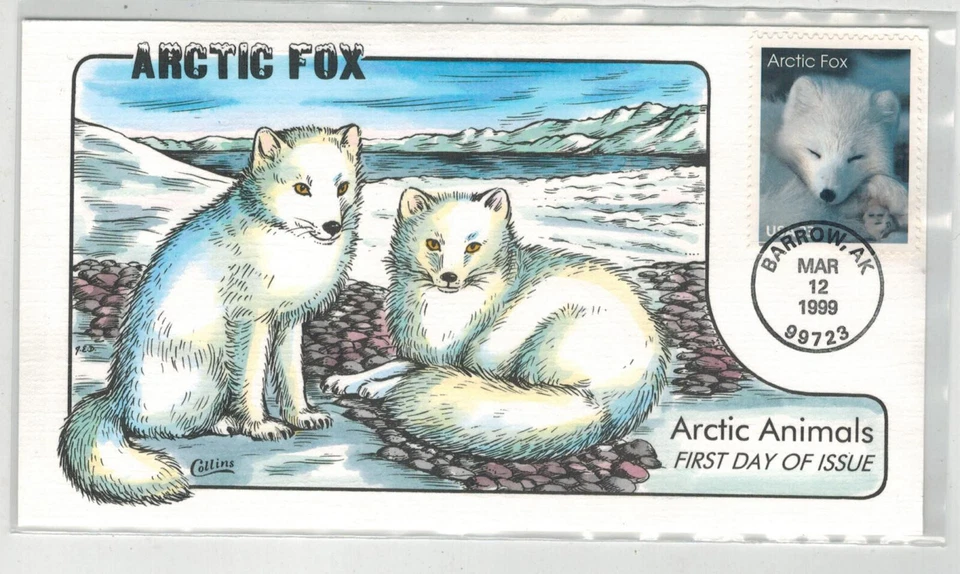 1999 COLLINS HANDPAINTED FDC POLAR ANIMALS ARCTIC FOX  BARROW ALASKA - Image 1 of 1
