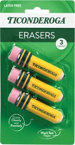 TICONDEROGA Erasers, Pencil Shaped, Latex-Free, Yellow, 3-Pack (38953) - Picture 1 of 8