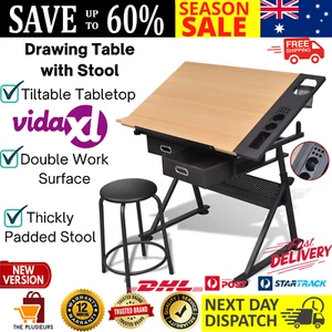 Drawing Table Adjustable Height Tilt Angle Drafting Desk With Drawer And Stool - Picture 1 of 13