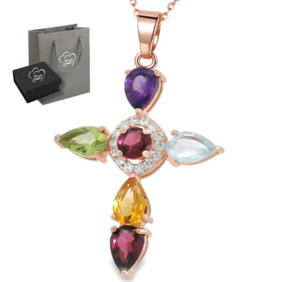 Echte Edelsteine 925 Silber Damen Kreuz Kette mit Anhänger Geschenk für Frauen - Bild 1 von 4