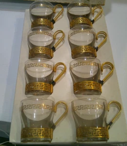 Greek Key Continental Coffee Cup/Mug by Libbey 60s Art Deco Gold Metal Set of 8 - Picture 1 of 5