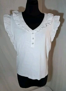Camiseta sin mangas Tommy Hilfiger blanca con volantes sin mangas abotonada cuello en V blanca talla XL - Imagen 1 de 6