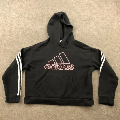 Adidas Hoodie Girls Medium Black Pink Logo Spell Out Fleece Hooded - Image 1 of 4