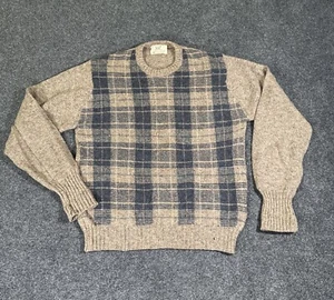 Plaid Lord Jeff Sweater Blue 100% Shetland Wool Knit Crew Men Large Damaged - Picture 1 of 12