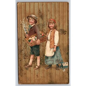 Antique Postcard Easter Greeting With All Good Wishes for Easter Boy Girl Eggs - Picture 1 of 2