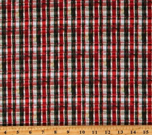 Cotton Red and Green Christmas Plaid Santas Arrival Fabric Print by Yard D406.50 - Picture 1 of 1