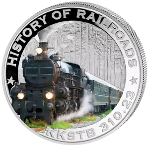 Moneda de plata a prueba de KKSTB 310,23 de Liberia 2011 $5 historia de los ferrocarriles - KKSTB 310,23 - Imagen 1 de 2