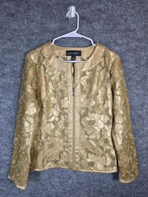 Colleen Lopez Jacket Womens Medium Gold Metallic Floral Mesh Embroidered Zip - Image 1 of 4