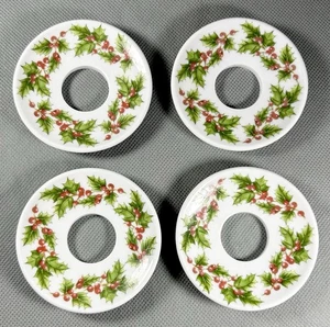 Vtg Set of 4 Holly Bobeche Porcelain Candle Drip Ring Holders 2.75” Christmas - Picture 1 of 7