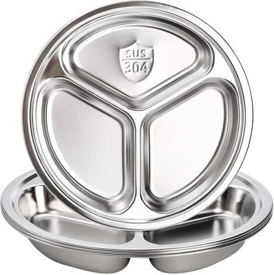 Pacote com 4 pratos divididos redondos de aço inoxidável, pratos de lanche de jantar de 9,5 polegadas com 3 - Imagem 1 de 4
