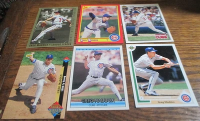 6b) Greg Maddux baseball cards Upper Deck Leaf Topps Pinnacle Chicago Cubs - Image 1 of 2