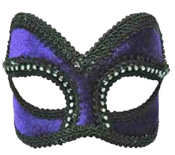 PURPLE VELVET VENETIAN STYLE MARDI GRAS MASQUERADE GLASS w BLACK TRIM RHINESTONE - Image 1 of 1