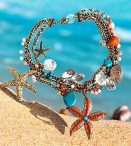 Starfish Coral Charm Necklace Beach Vacation Turquoise Bead Triple Strand Chain - Picture 1 of 8