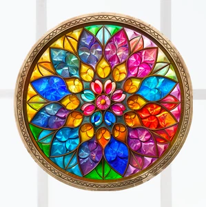 Star Flower Mandala Faux Stained-Glass WINDOW CLING Size 8" Round Vinyl - Picture 1 of 3