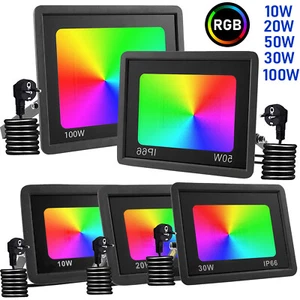 Proiettore LED RGB 10W-100W con spina colorato faretto esterno proiettore lampada giardino - Foto 1 di 19