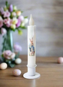 Primitive handgefertigte Frühling Sommer Hase & blaue Blumen LED Timer Kegelkerze - Bild 1 von 5