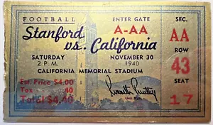 RARE GOLDEN FOOTBALL TICKET STANFORD VS. CALIFORNIA 1940 Gate AA-A Sec AA 7E - Picture 1 of 6