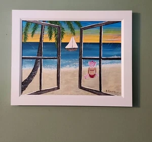 Ocean Beach Sunbather Sailboat Framed Painting, Acrylic On Canvas Signed - Picture 1 of 5