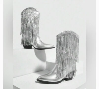 Pointed Toe Chunky Heel One-Button Silver Tassel Evening Boots - Image 1 of 4