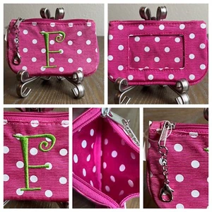 Monogram “F” Coin Purse Mini Key Chain Wallet Pink Polka Dot ID Holder NEW - Picture 1 of 23