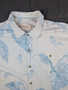 Tommy Bahama XXL Shirt White Blue Leaves Hawaiian Silk Shirt Floral Beach Preppy - Picture 1 of 13