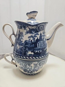 Porzellan Transferware Antiche Riproduzioni gestapelte Teekanne blau weiß Nachlass - Bild 1 von 14