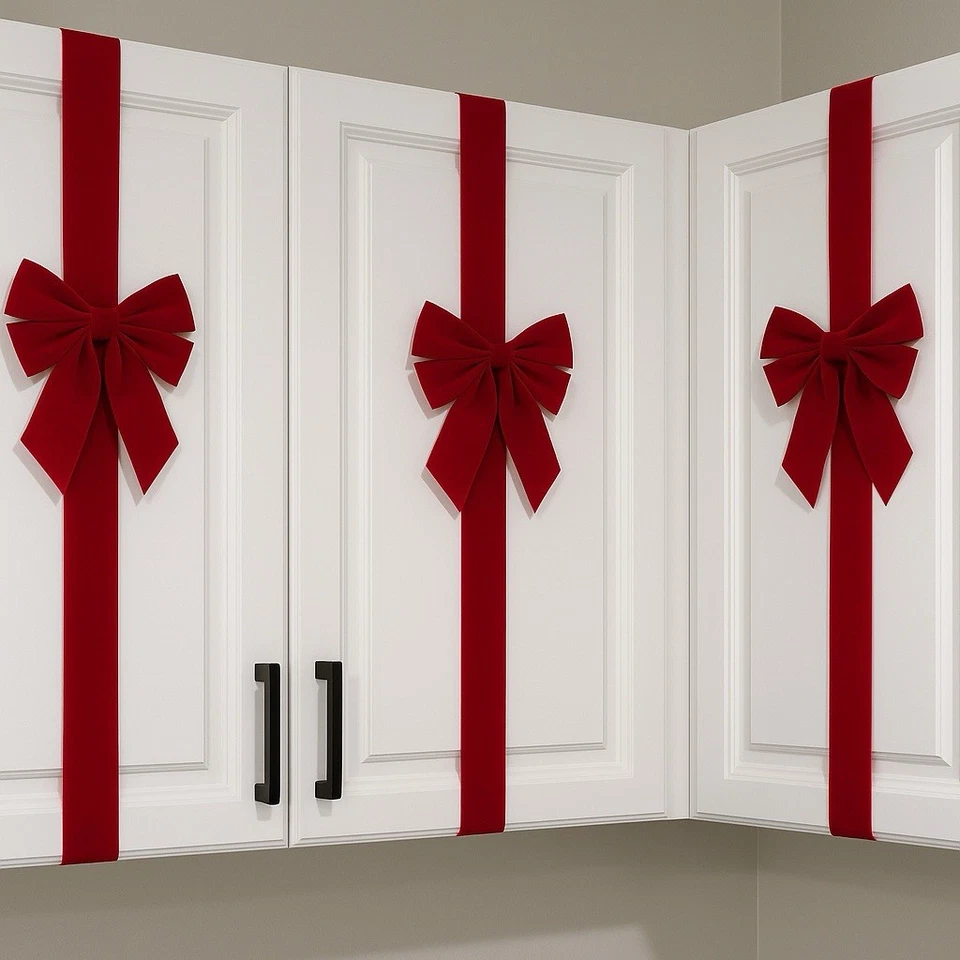 Juego de 3 arcos de gabinete de Navidad - envolturas de puerta de cinta roja - decoración de cocina de vacaciones Foto 1 de 1