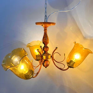 3-Bulb Soviet Style Hanging Ceiling Lamp Brown Globe Original Vintage USSR 1990s - Picture 1 of 13