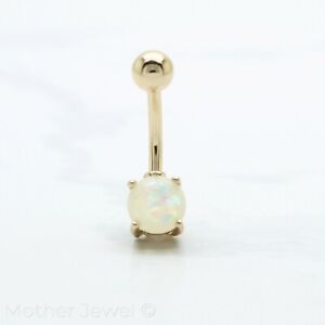WHITE GLITTER OPAL 14K YELLOW GOLD IP SURGICAL STEEL BELLY BUTTON NAVEL RING