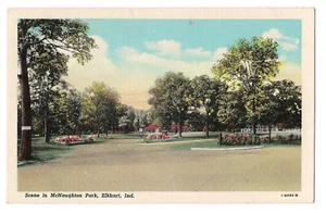 Scene in McNAUGHTON PARK  Elkhart Indiana Postcard Linen Structures Paths - Picture 1 of 2